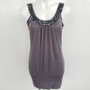 B'Leev Grey Bejeweled Neck Tank